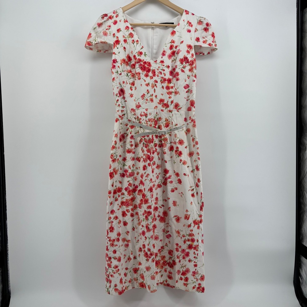 David‎ Meister Women Dress 6 White Floral Belted V-Neck Cap Sleeve Midi Cottage - Picture 2 of 11